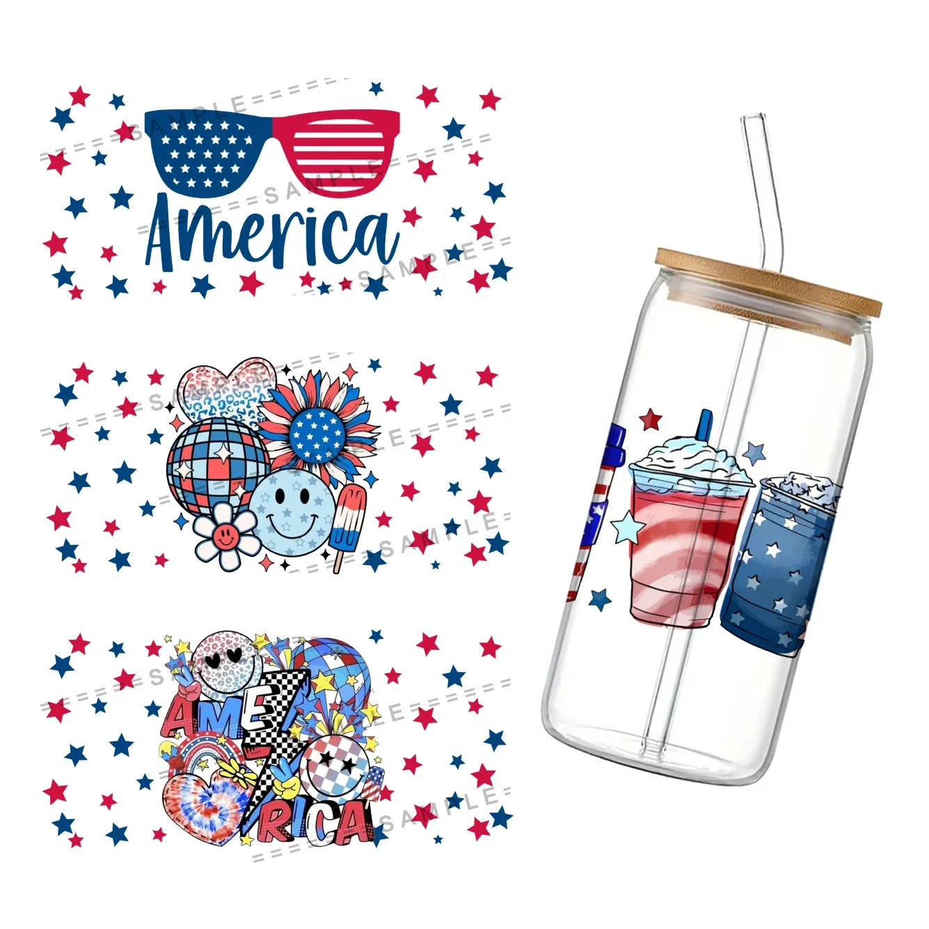 Independence Day For Libbey 16oz Can Glass UV DTF Coffee Can Wrap Libbey Glass Wrap USA Pattern