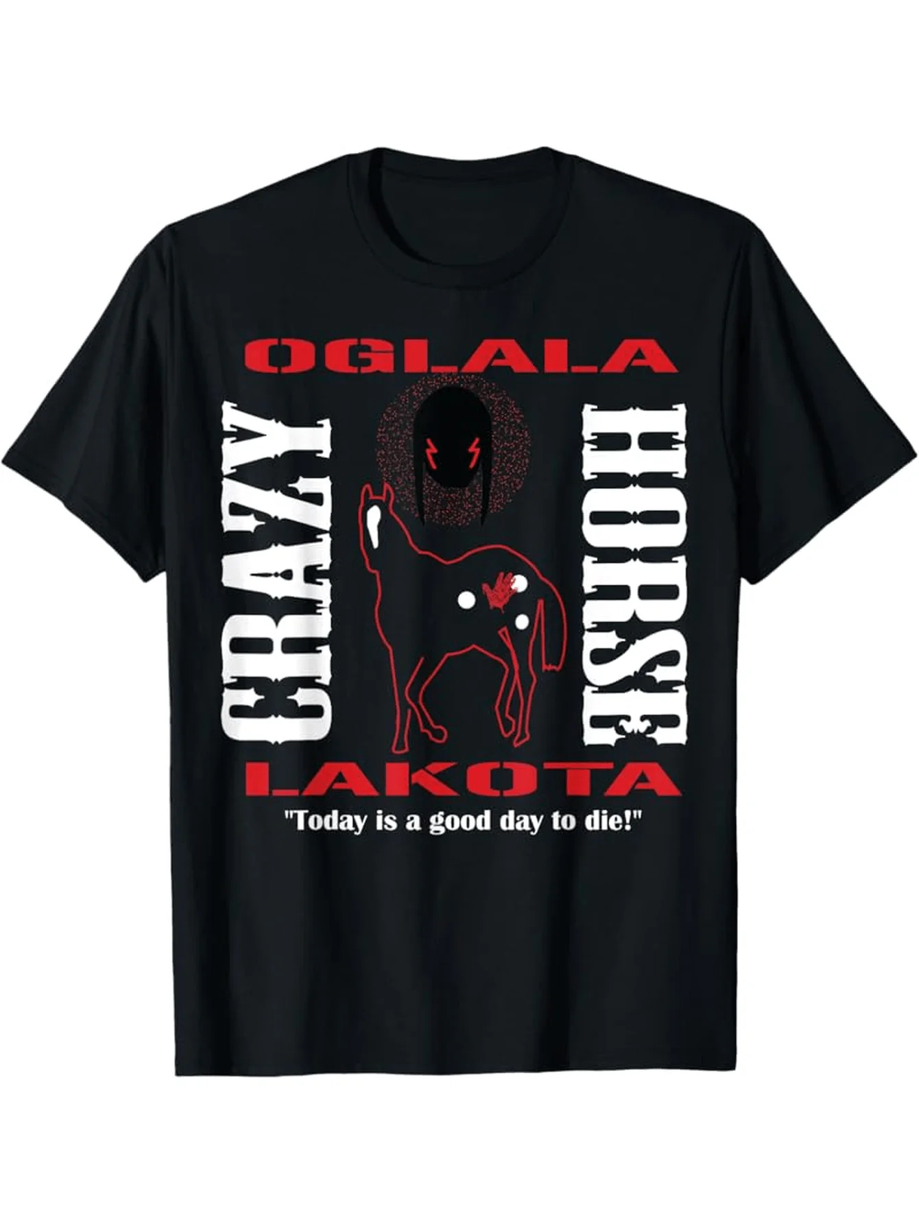 تي شيرت Chief Crazy Horse Native American - أبيض/أحمر، تي شيرت رجالي مصنوع من القطن بنسبة 100% بقصة عادية