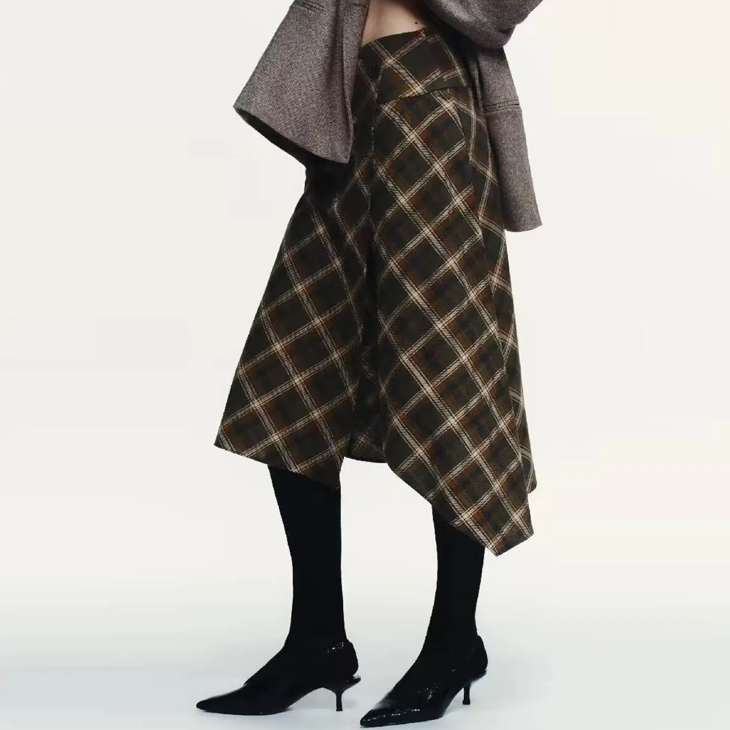 Gonna scozzese casual da donna a vita media Orlo asimmetrico Versatile gonna a trapezio di marca Faion Z autunno inverno