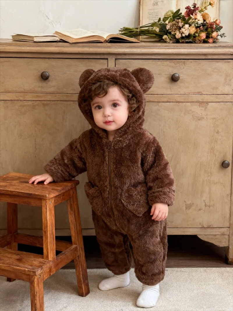 

Baby's Plush Jumpsuit Baby's Autumn Winter Warm Bear Hooded Hoodie Children's Sleepsuit Plus Velvet Overalls Boys Girl's Rompers