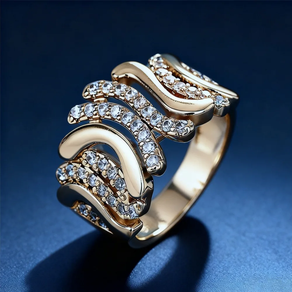 Temperament Classic Multi-layered Wave Micro-inlay 5A Zircon Finger Ring for Women High-end Business Banquet Jewelry Accessories