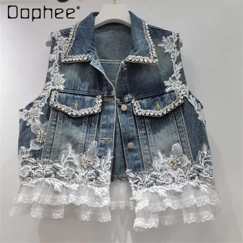 Heavy Beading Flower Embroidery Lace Patchwork Denim Vest for Women 2026 Summer New Korean Style Loose Chic Sleeveless Top Coat