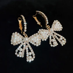 Inlaid Rhinestone Bow Pearl Earrings for Women French Light Luxury High Sense Drop Earrings Personality Bowknot Jewelry Gift