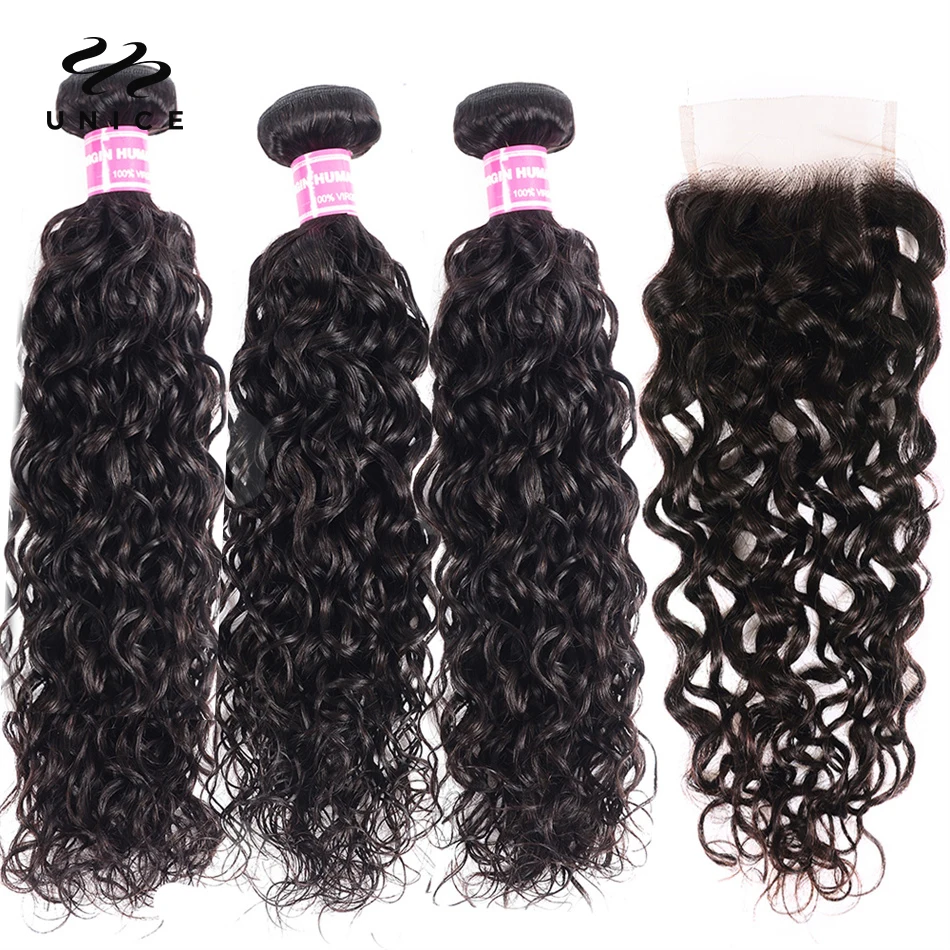 

UNICE Hair Brazilian Loose Water Wave Bundles With Lace Closure Human Remy Hair Extensions 3 Bundles With Lace Closure