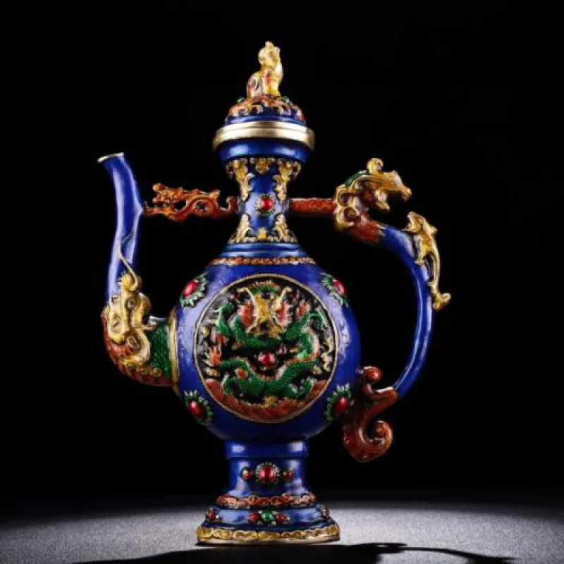 

9.1 Inch Chinese Exquisite Bronze Inlaid Cloisonné Color Enamel Dragon Grain Wine Pot