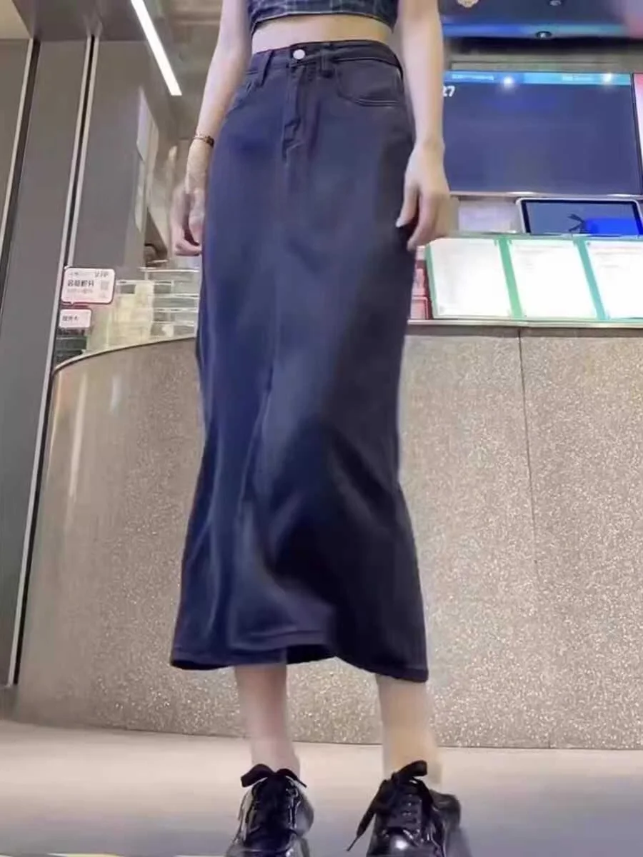 

Джинсовая юбка-миди женская летняя с высокой талией, больших размеров, стройнящая, драпированная, эластичная, из ледяного шелка, А-силуэт, для повседневной носки