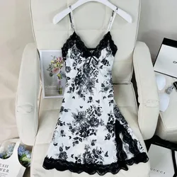 Suspender Nightgown Dress Women Chemise Sleepwear Nightdress Print Flower Nightwear Dressing Gown Satin Home Wear Loungewear