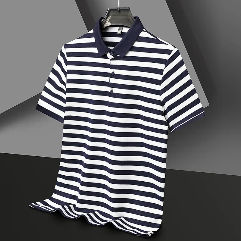 2024 Men\'s New Striped Cotton Business Casual Short sleeved POLO Shirt Fashion Short sleeved Comfortable and Breathable Top