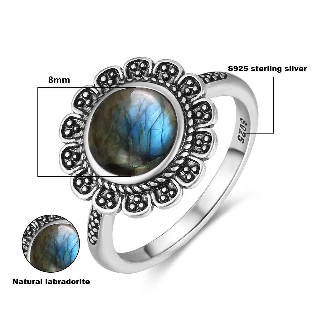 ヴィンテージ S925 スターリングシルバー フラワーリング 8MM ラブラドライト 天然石リング 大きなひまわり型 ファインジュエリー 女性用