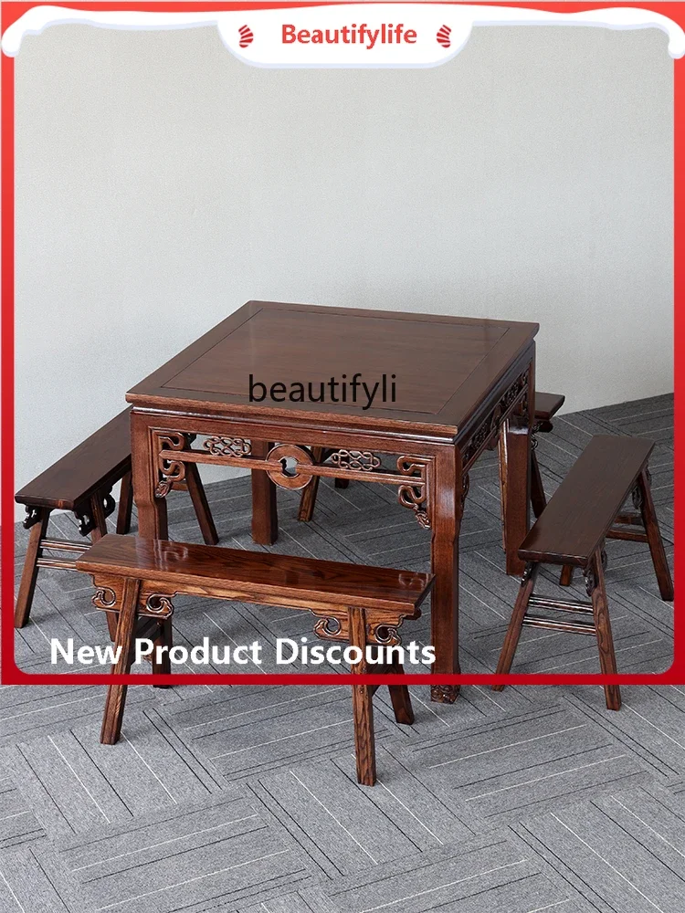 

sscn8617 Chinese-Style Solid Wood Elm Dining Tables and Chairs Set Antique Small Square Table Restaurant Table and Chair furnitu