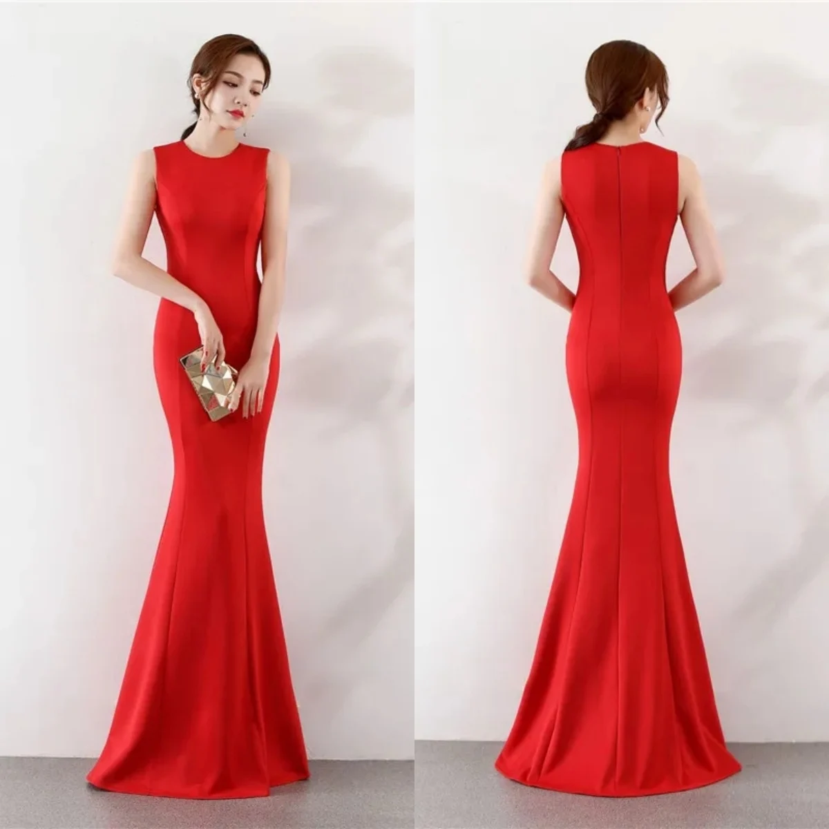 Evening Dress Red Jersey O-neck Sleeveless Simple Mermaid Trumpet Floor Length Plus size Women Party Formal Gown Robe De Soiree