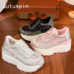 AUTUSPIN New Lace Mesh Women Shoes 2024 Summer Fashion Luxury Ladies Sneakers Street Style Platform Chunky Rhinestone Sneaker