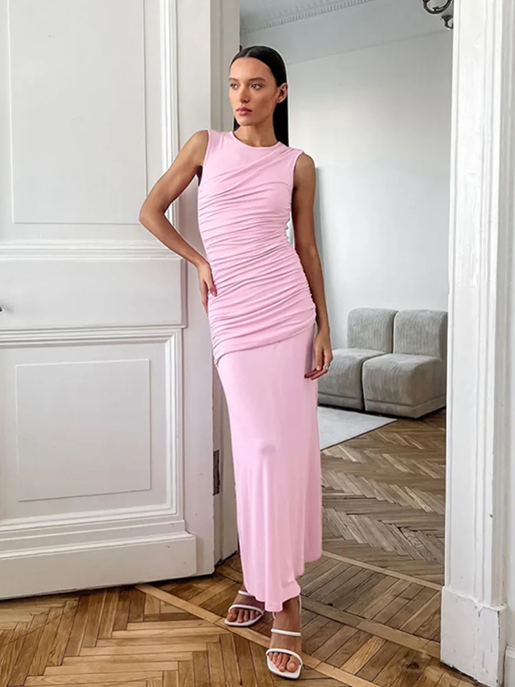 

BKLD 2024 Autumn Fashion Pleated Pink Vest Dress Women Clothing Sleeveless Tight Round Neck Fishtail Long Dresses Party Clubwear