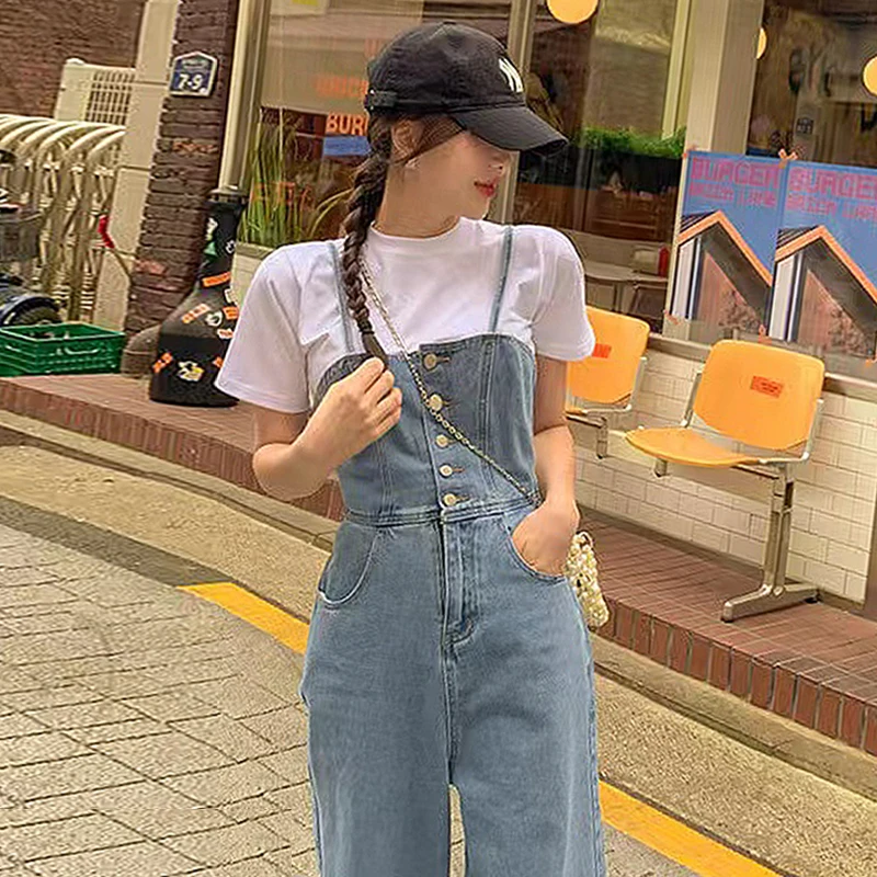 Jeans Spring Overalls Pant Women Sleeveless Slip Slim Fashion Ladies Trousers Korean Style Wide Leg Pleated Woman Long Pants