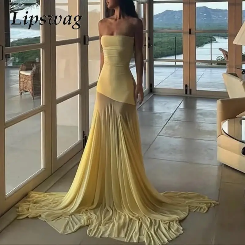 

Fashion Pleated Hight Waist Solid Bridesmaid Dress Women Sexy Strapless Long Dress Elegant Mesh Patchwork Slim Fit Evening Dress