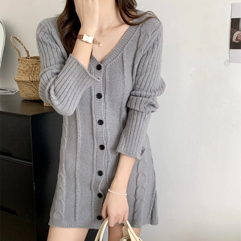 Slim Fit V-Ne Long Sve Knitted Dr Women's Single Button Twist oulder Base Layer Wrap around Skirt Dr