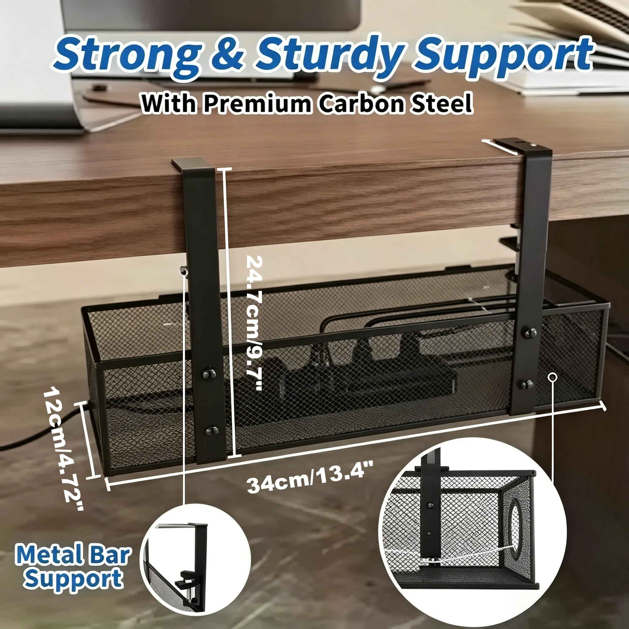 Under Desk Cable Management Tray, Black 1 Pack, Thin Steel Cord Organizer, No Drill Clamp Mount, Wire Management for Office Desk view 3