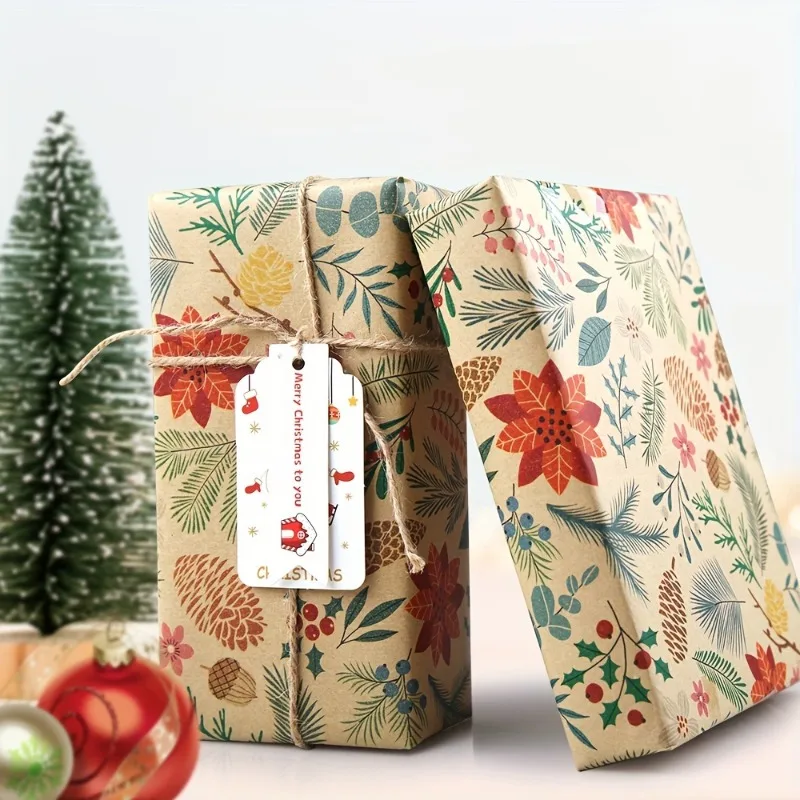 1 لفة 393.7 * 16.9 بوصة ورق تغليف هدايا عيد الميلاد مع تصميمات الأزهار والأوراق وأنماط الأشجار والرنة، يمكن قطعها بحرية #2