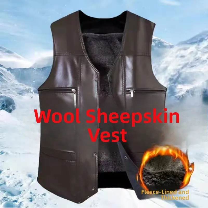 High-End Men's Thickened Leather Vest Midlife Warmth Outerwear Spring Autumn Multiple Pockets Business Casual Style
