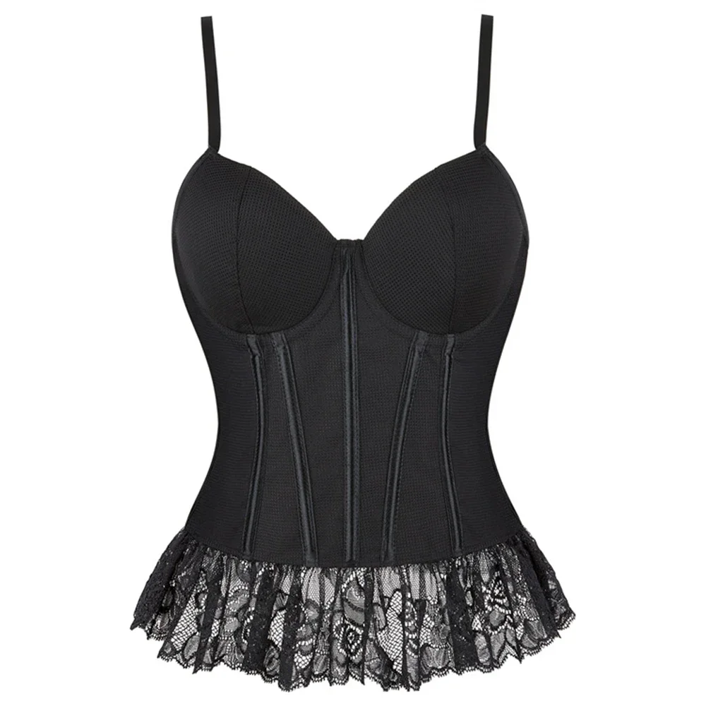 Women Black Transparent Mesh Overbust Corset Top Sexy Lace Hem With Bra Cup Sexy Spaghetti Strap Bustier Vest