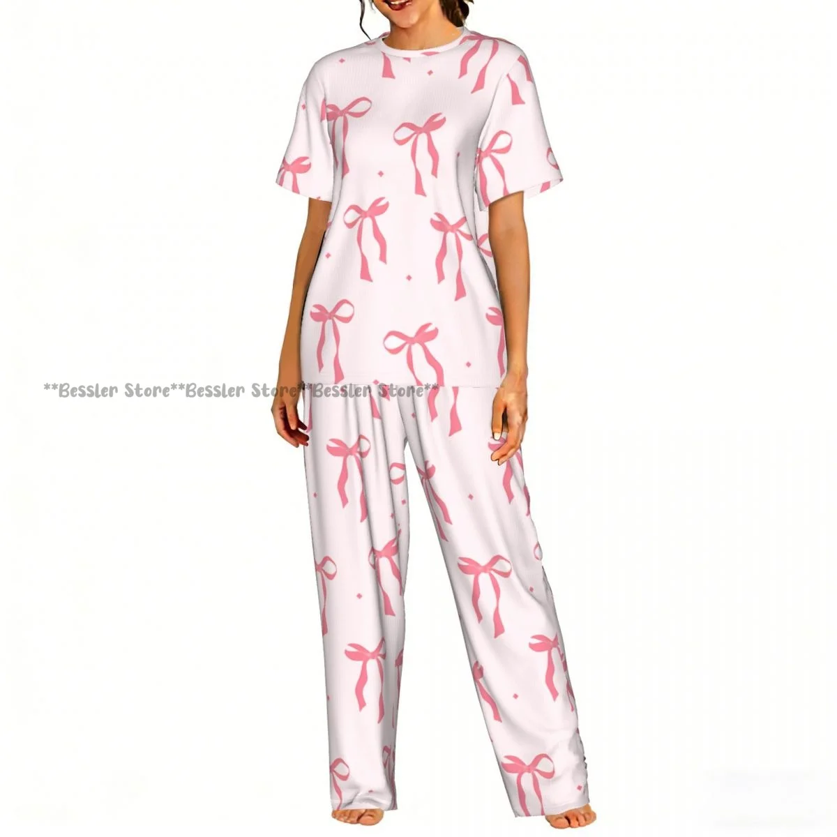 

Women's Comfort Pajamas Women's Cute Coquette Aesthetic Pattern Pink Ribbon Bow Short Sleeve Set Sleepwear