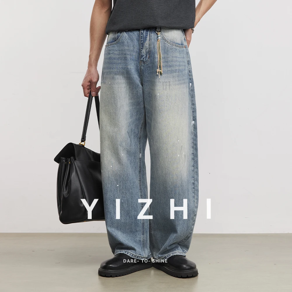

Мужские винтажные синие джинсы с драпировкой, лето 2026, американский уличный стиль, выбеленные, дерзкие, свободные, прямые, широкие брюки