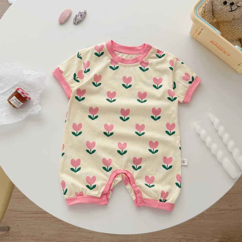 Летняя одежда для девочек от 0 до 2 лет, детские комбинезоны с короткими рукавами, розовые комбинезоны с принтом тюльпанов, наряд для маленьких девочек