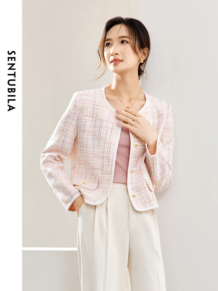 SENTUBILA Women Pink Tweed Jacket 2024 Autumn Elegant Round Neck Long Sleeve Single Breasted Straight Short Jackets W41W53601