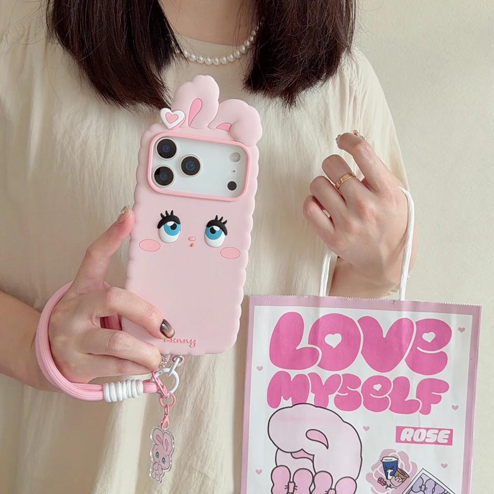Kawaii 3D Cartoon Hasen-Handyhülle aus weichem Silikon für iPhone 16 17 18 Pro Max, niedliche, stoßfeste Rückseite mit Trageband, Fundas – Detail 4
