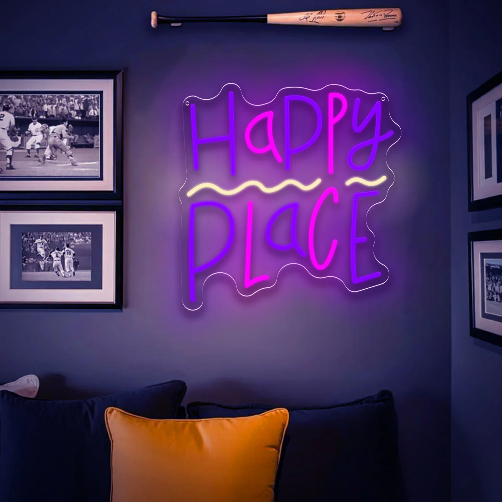 Happy Place LED Neon Sign USB Dimmable untuk Dekorasi Dinding Rumah Kamar Tidur Gadis Restoran Tempat Wisata Pertunangan Pernikahan Hotel Hadiah
