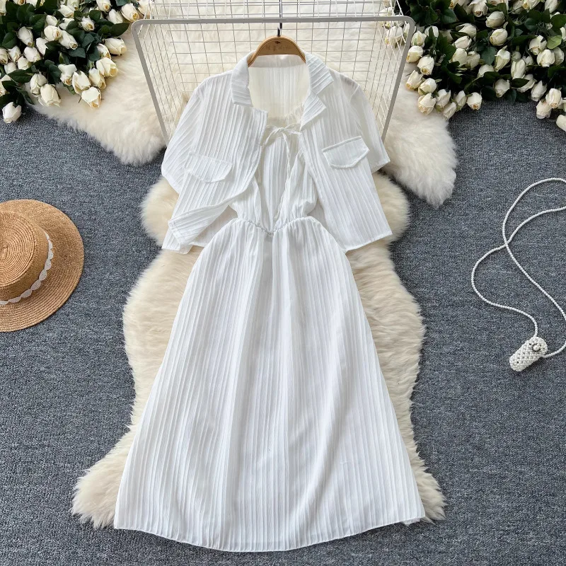 Neploe Simple Lapel Neck Zipper Short Sleeve Shirts Women+ Y2k High Waist Camisole Dresses 2024 Summer New Two Piece Sets