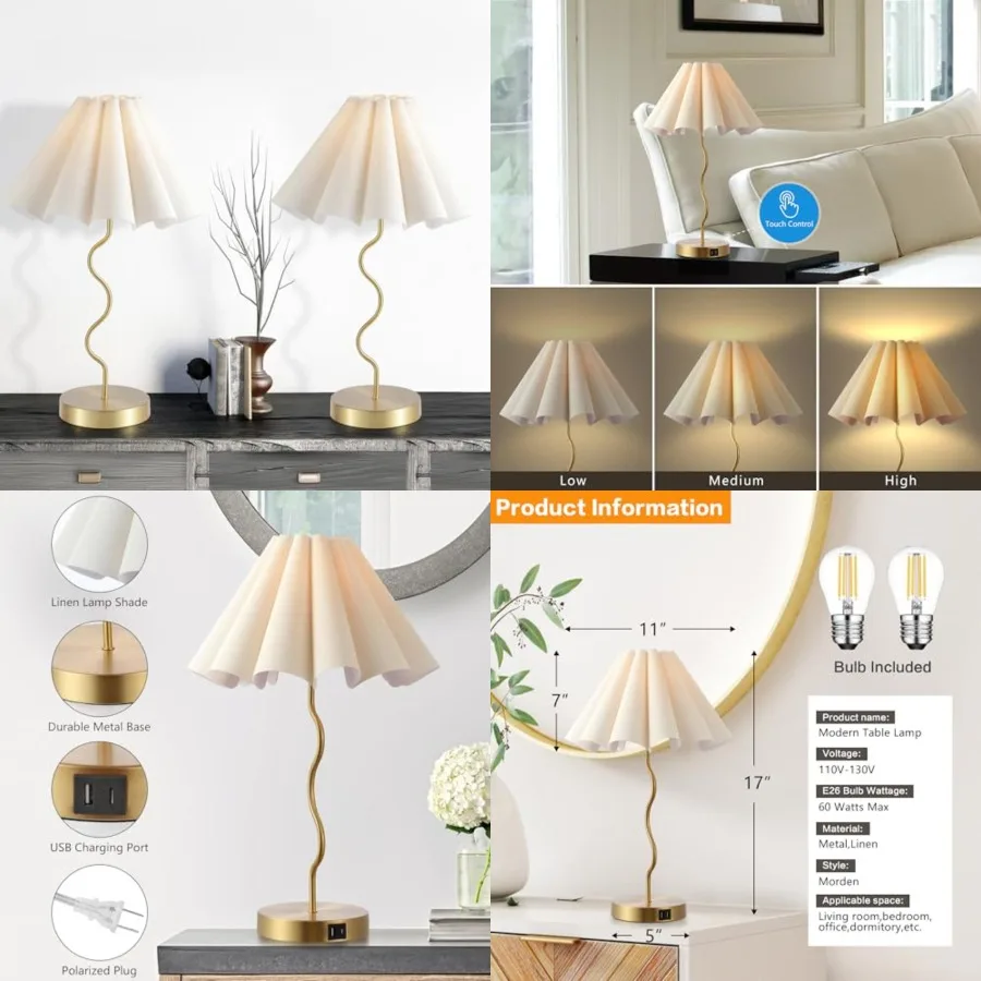 

Pleated Table Lamp, Set of 2 Table Lamps for Bedroom, Bedside Lamps for Nightstand with Linen Lampshade, Modern Lamp for Bedroo