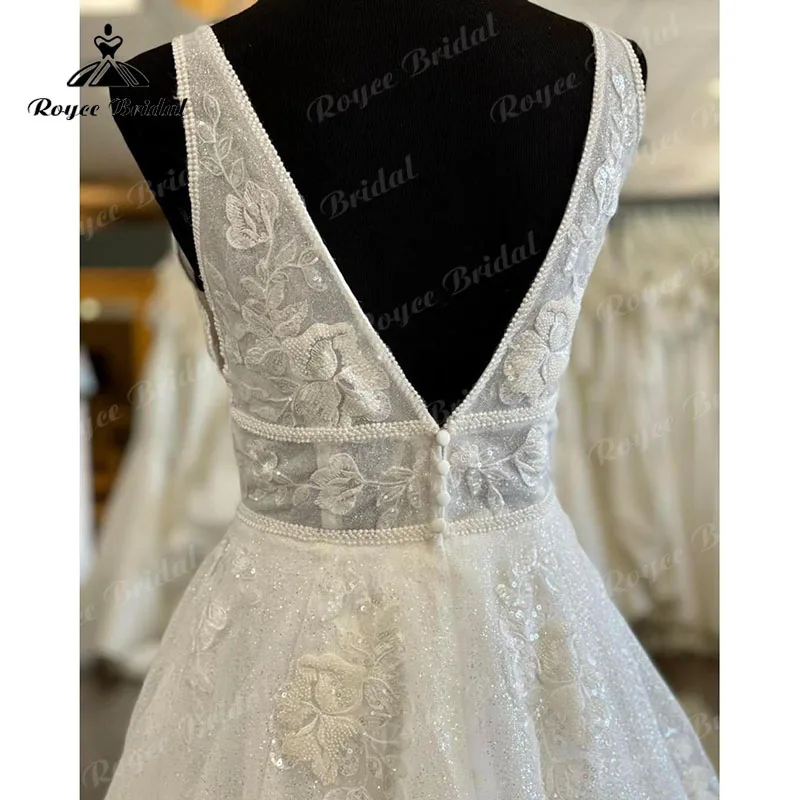 Elegante abito da sposa senza maniche con Glitter lucido scollo a V con scollo a V basso abiti da sposa vestido De casamento 2022