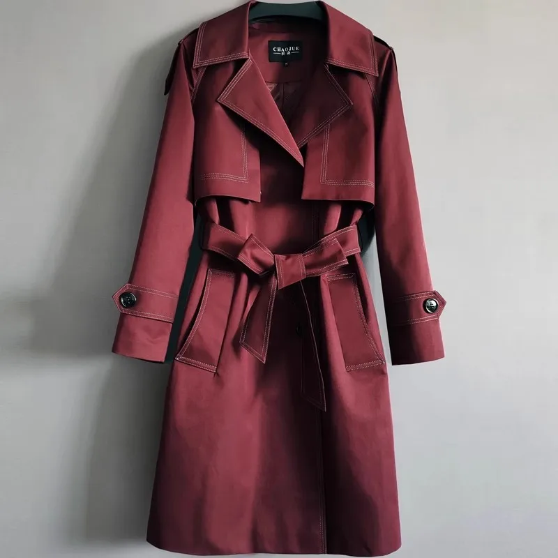 Vintage Burgundy Black Trench Coat Women Spring Autumn Long Sleeve Windbreaker Mid Long Belt Big Pocket Loose Overcoat Female