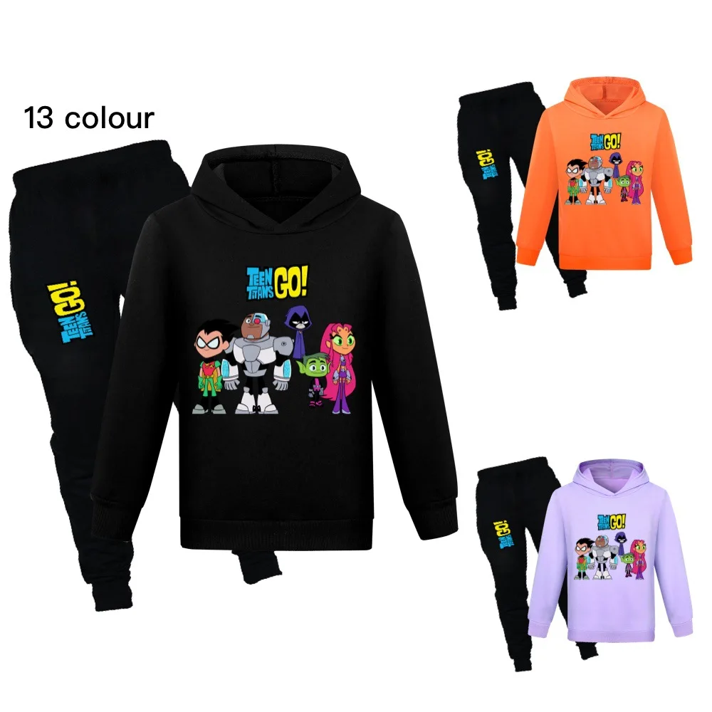 

Hot Sales Teen Titans Go Hoodie Kids 2025 Spring Clothes Teenager Boys Hooded Sweatshirts Pants 2pcs Sets Toddler Girls Outfits