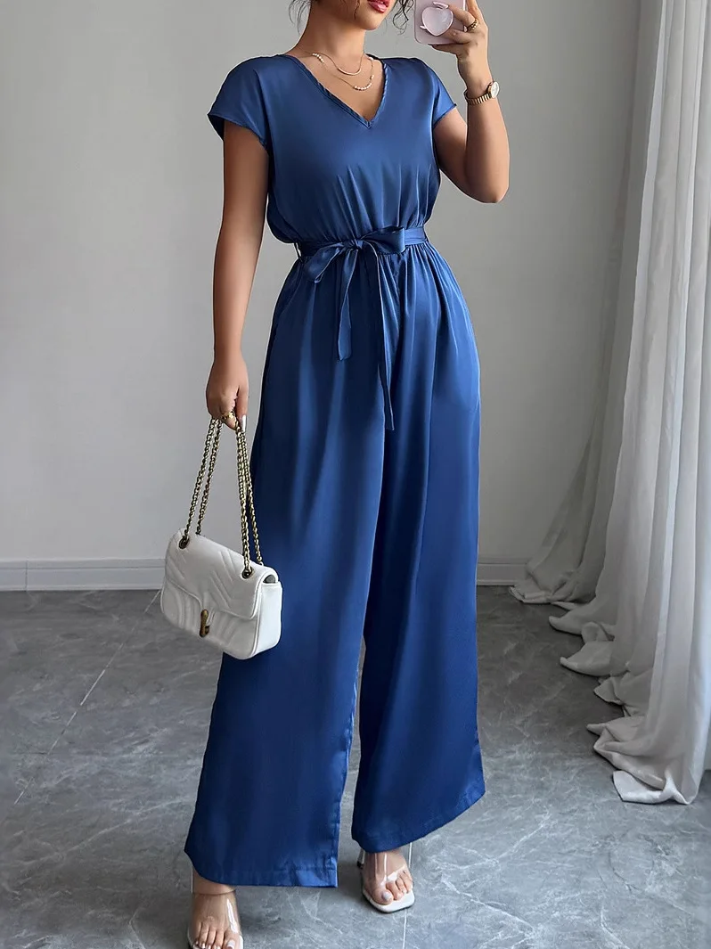 

Женский комбинезон с высокой талией и широкими штанинами, однотонный, на шнуровке, оригинальный дизайн, длинные брюки, полиэстер, лето 2025