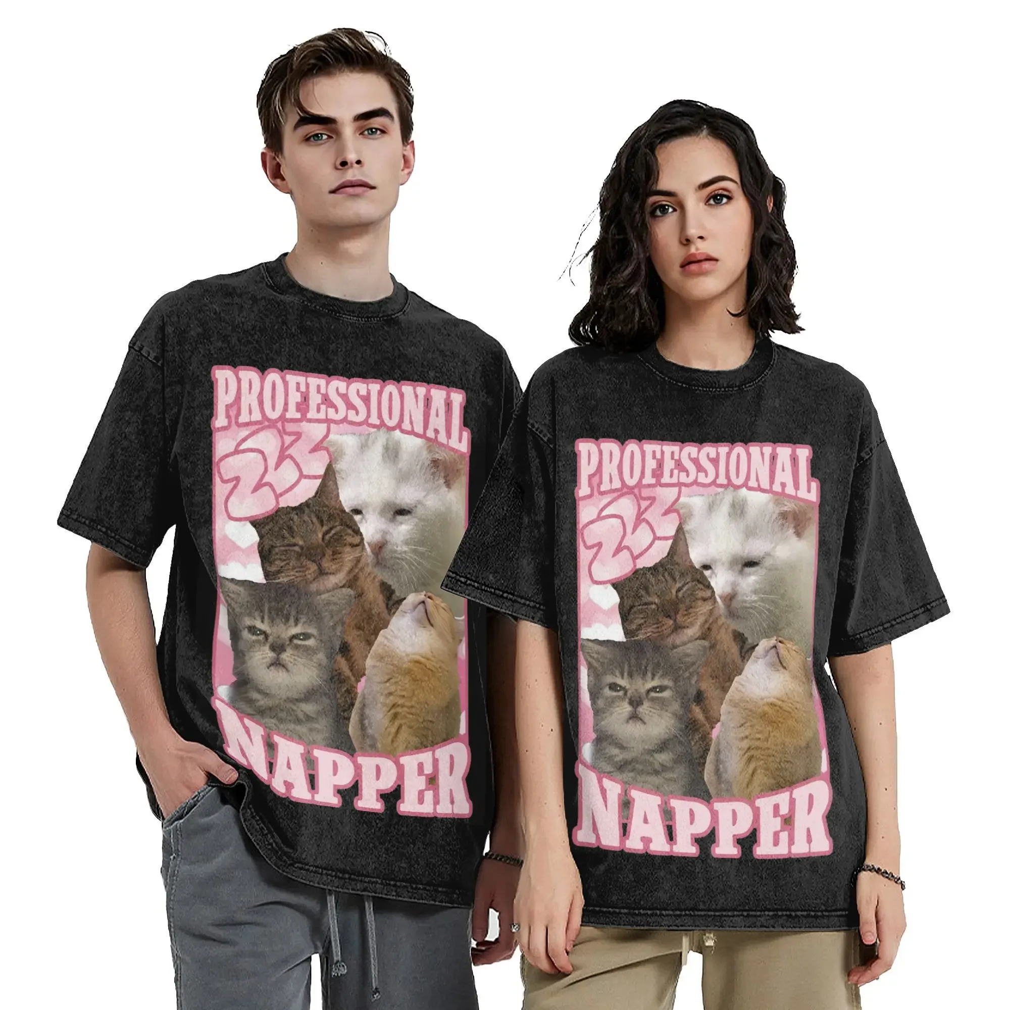 Fashion Women Men Professional Napper Funny Cat Memes Tee Shirt Oversize Washed  T Shirts Clothes