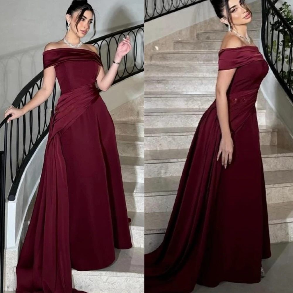 تخصيص رائعة الساتان ألف خط مساء اللباس رشيقة قارب الرقبة فساتين حفلة موسيقية الأزياء لوحة قطار فساتين المناسبات الخاصة