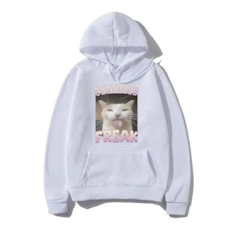 Certified Freak Funny Cute Cat Meme Graphic Print Hoodie Men Women Fashion Oversized Fleece Pullover Long Sleeve Sweatshirt Male