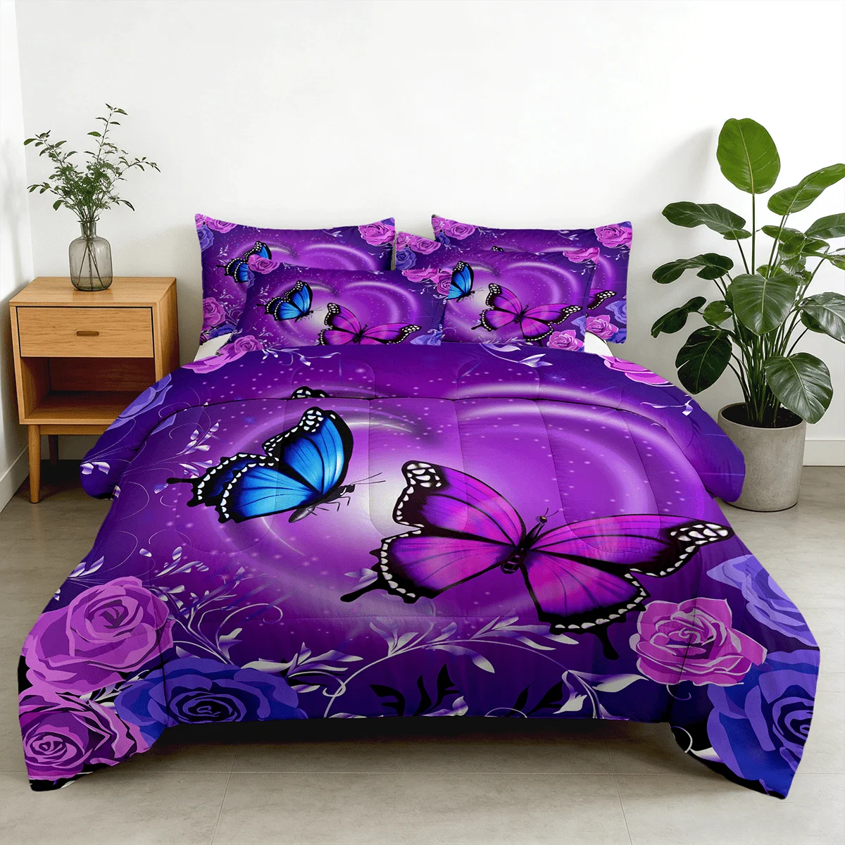 

Комплекты постельного белья с принтом фиолетовых бабочек и роз (2/3 предмета) (размеры Twin, Full, Queen, King), 1 одеяло + 1/2 наволочки, дышащие, из дышащей ткани.
