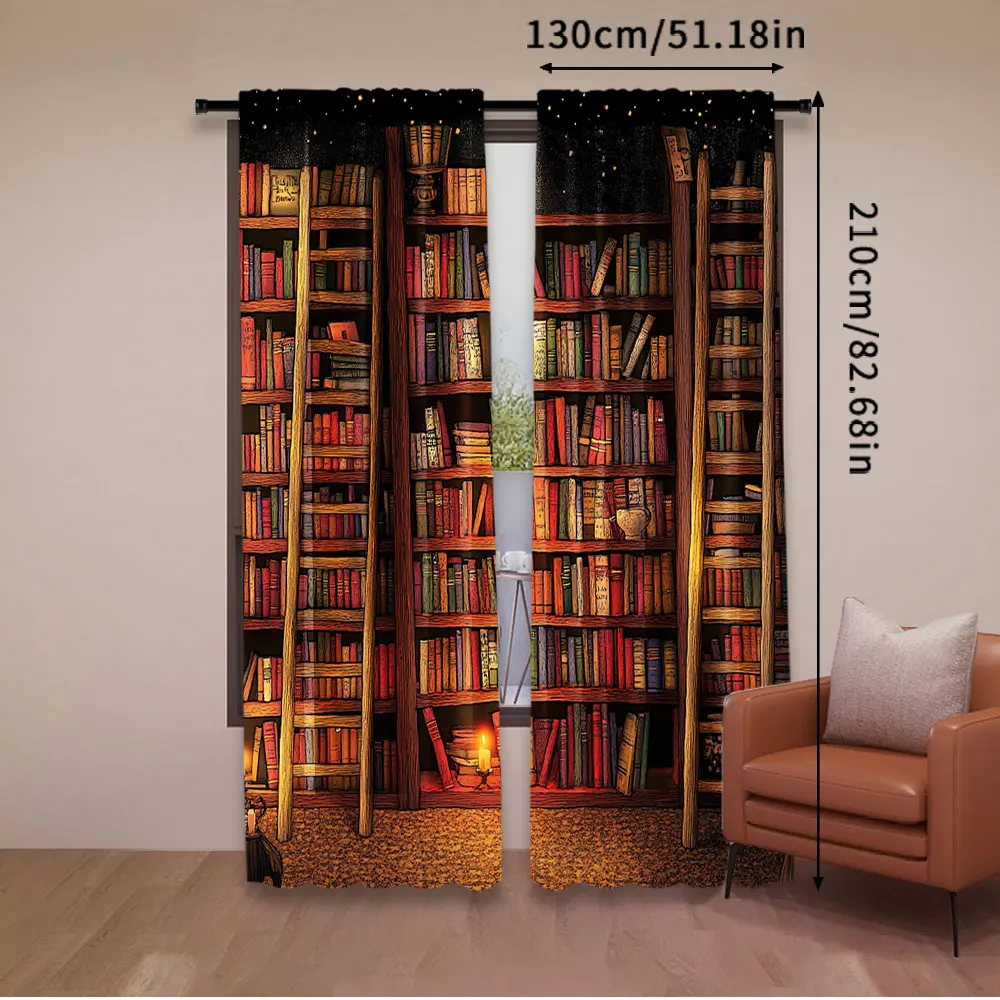 2Pcs Bookshelf Curtains Vintage Books Library Bookcase Print Bookshelf Room Decor Curtains Window Drapes For Living Room Bedroom