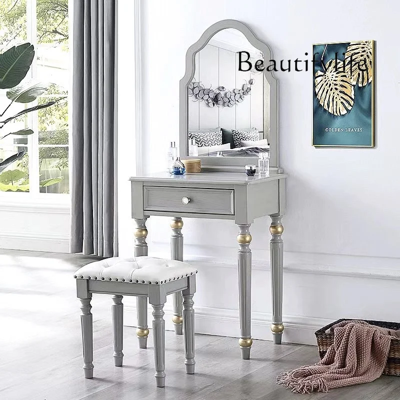 American dressing table light luxury French solid wood Morandi gray dressing table bedroom small mini with makeup mirror