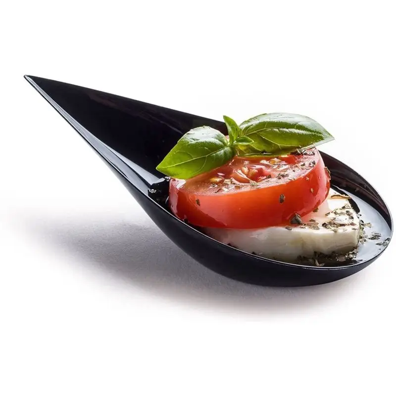 AT21-200 Tear Drop Mini Appetizer Plates - Mini Dessert Plates Tasting Spoons Plastic Mini Spoons Dessert Spoon Bowls, Black