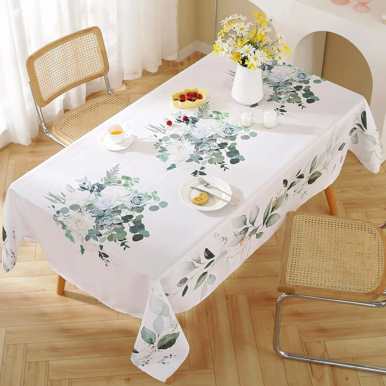 Spring Summer Rectangle Tablecloth for Table Decor Watercolor Eucalyptus Leaves Kitchen Dining Table Cloth Holiday Party Decor