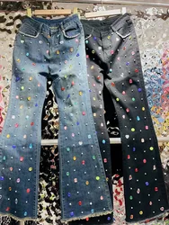 Jeans for Women 2024 Autumn Clothes New Korean Fashion Sweet Denim Pants Color Rhinestone High Waist Slim Lady Bootcut Pants