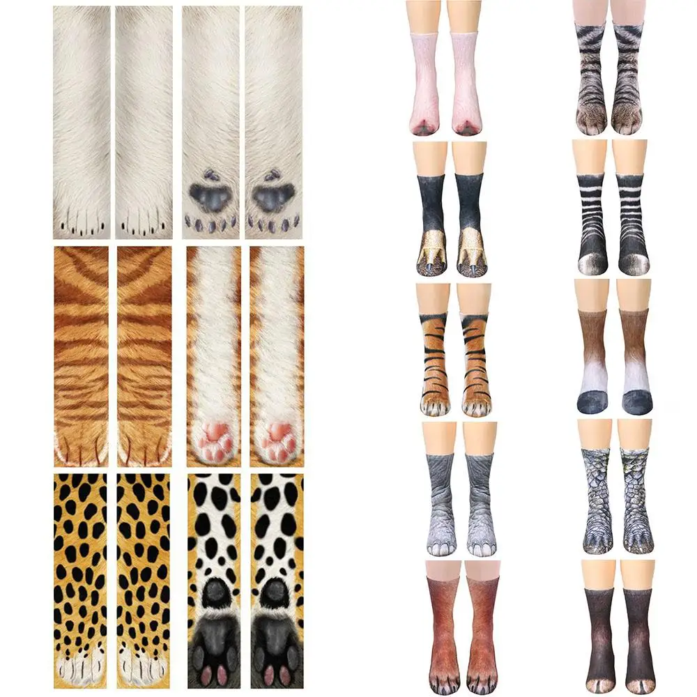 Funny 3D Printed Animal Cat Foot Socks Leopard Tiger Paw Pattern Socks For Child And Adult Unisex Elastic Middle Tube Sock