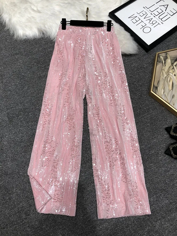 

Sequins Pants Women Autumn New Elastic Waisted Solid Wide Leg Casual Pant Fashion Full Length Y2K Loose Straight Trousers