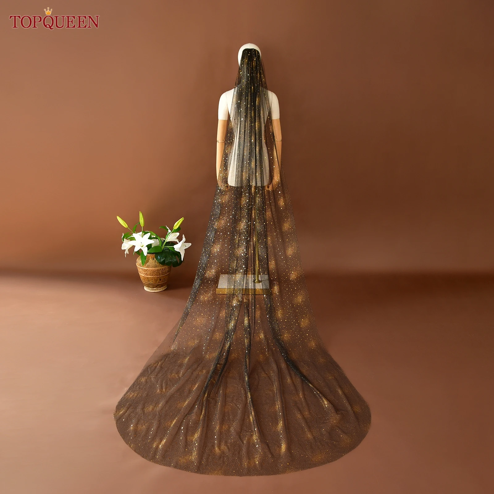 

TOPQUEEN Черная фата с блестками Блестящая свадебная фата Хэллоуин Фата 1-слойная соборная с расческой Настраиваемая V220