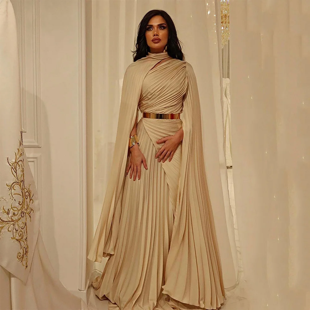 Saud Arabian Evening Dress with Cape Pleat A Line Party Dresses for Formal Occasions Custom Size Long Arabic Prom Gown