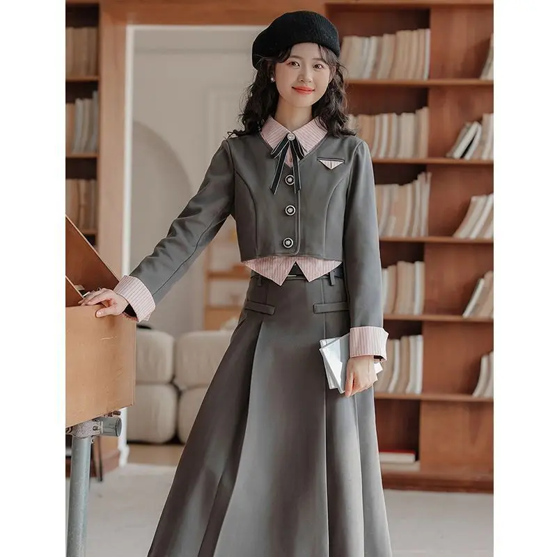 Grey Suit Patchwork Fake Two-piece Jacket Grey Pleated Skirt Set Sweet Temperament Set